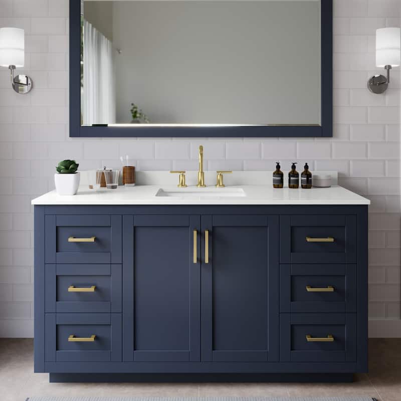Wyndham Collection WCF292960S-QTZ-US3MXX Miranda 60" Free Standing - Dark Blue / White Quartz Top / Brushed Gold