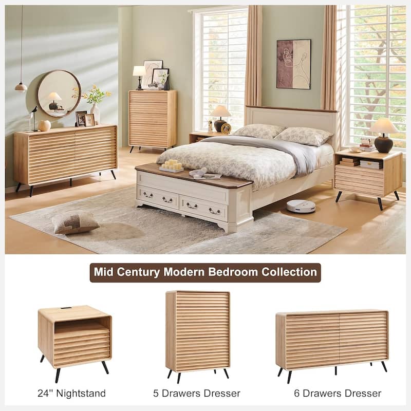 Mid Century Modern Nightstand with charging station, Wood End Table