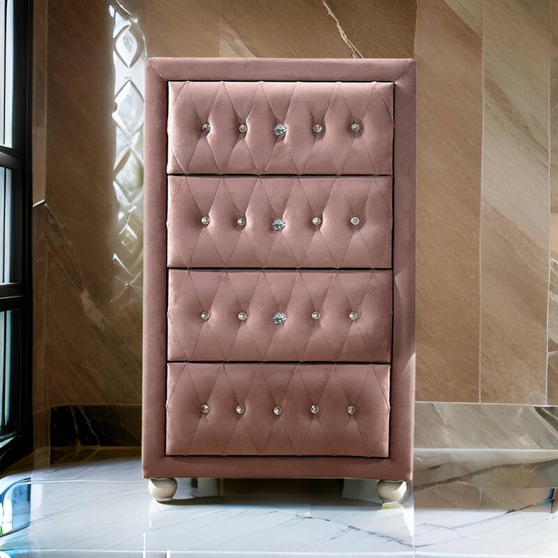 Rex 38 Inch Tall Upholstered Dresser Chest, 4 Drawer, Crystal Handles, Pink