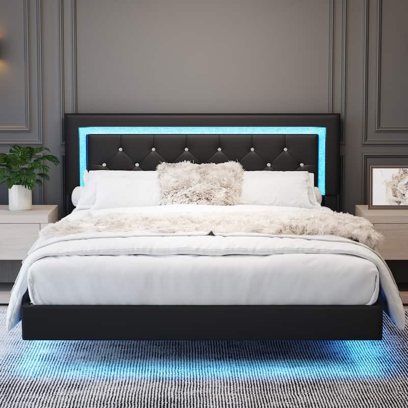 Upholstered Platform Bed PU Leather Floating Bed Frame with LED Lights&Diamond Tufted Headboard/No Box Spring Needed/Noise Free