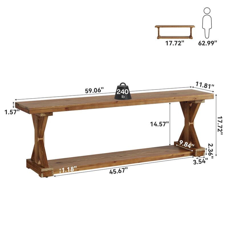 59 Inch Solid Wood Entryway Shoe Bench with Storage Shelves, Farmhouse Style - 59.06" W x 11.81" D x 17.72" H