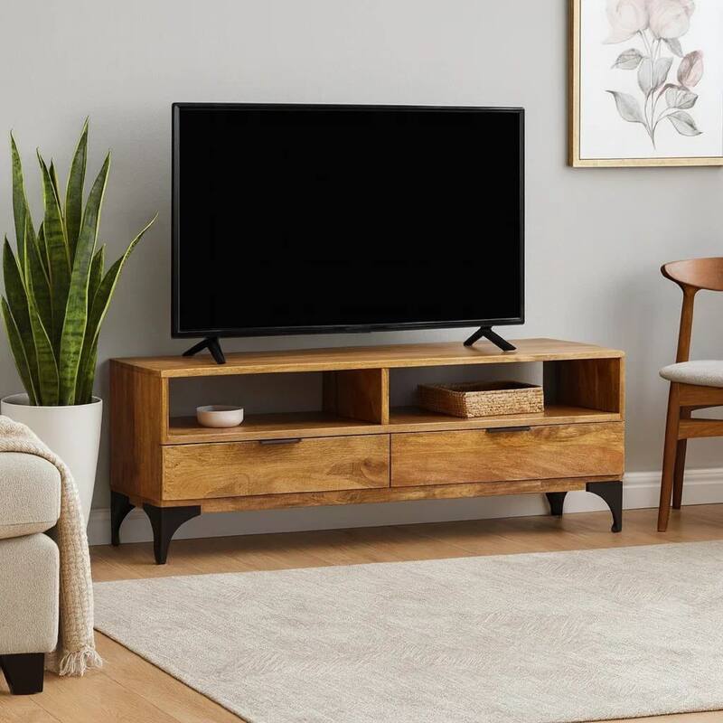 TV Stand, Brown Mango Wood, 2 Shelves and 2 Drawers, 47 Inch