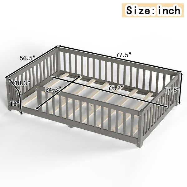 dimension image slide 15 of 16, Wood Floor Bed with Safety Guardrails and Door