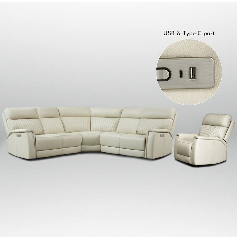 105" W Genuine Leather Power Reclining Sectional and Recliner Sofa Set with USB&USB-C Port, 1 Power Armlesschair