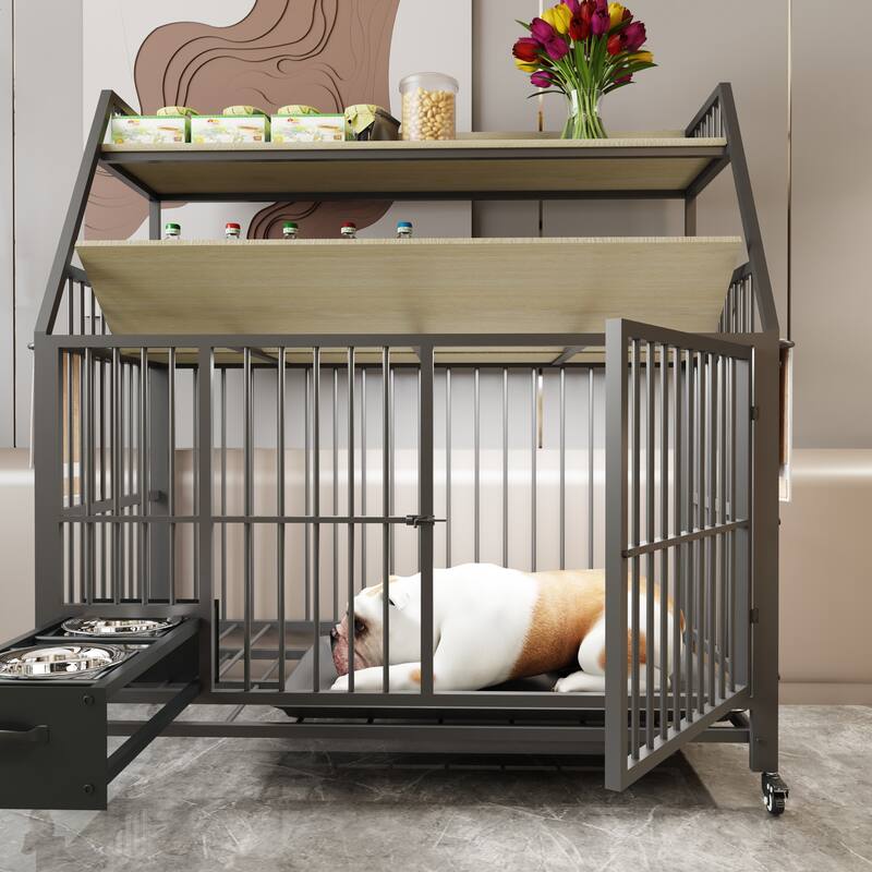Large Pet Cage with Storage Rack, Drawers with Food and Water Basins, Double-Layer Storage Rack, Iron Frame and MDF Material