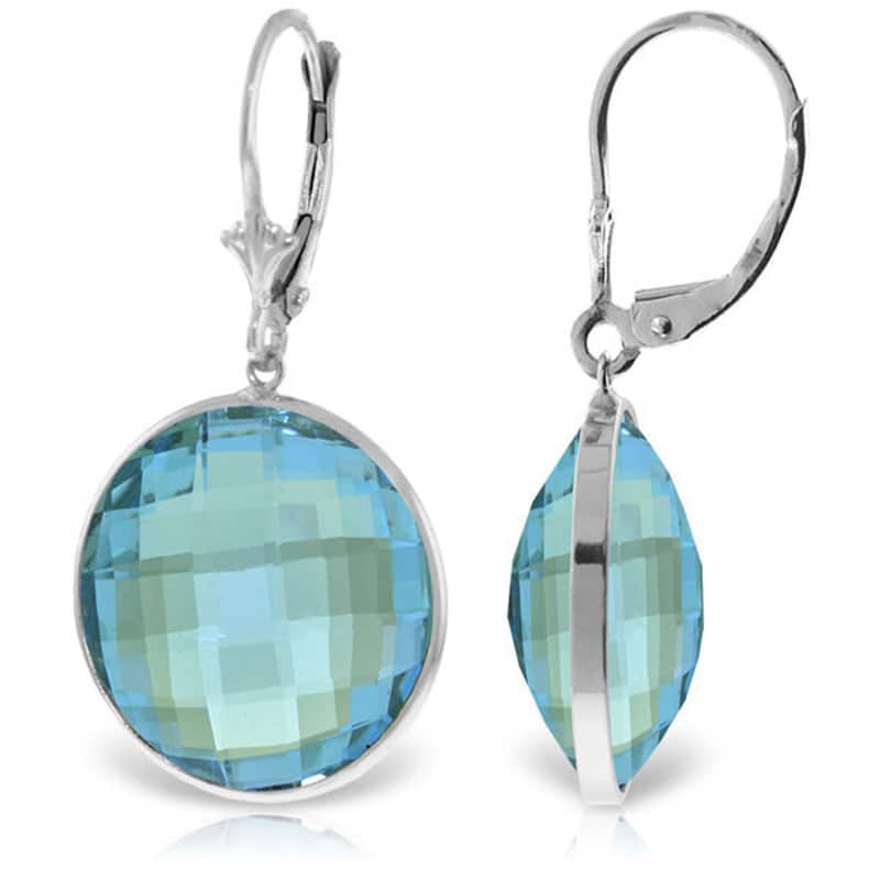14K Solid Gold Leverback Earrings Natural Round Blue Topaz Gemstone - White