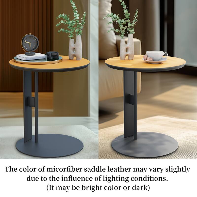 Modern Round End Table with Microfiber Saddle Leather Top and Metal Sandblasting Pedestal