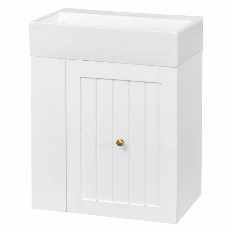 20-Inch Bathroom Vanity with Ceramic Sink - MDF Storage Cabinet with Drawer, Side Shelf and Silver Handle