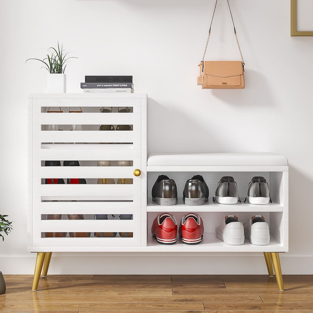 VECELO L-Shaped Entryway Bench with Cushion Shoe Storage Bench with Louvered Door & Open Shelves Hallway Seat Organizer