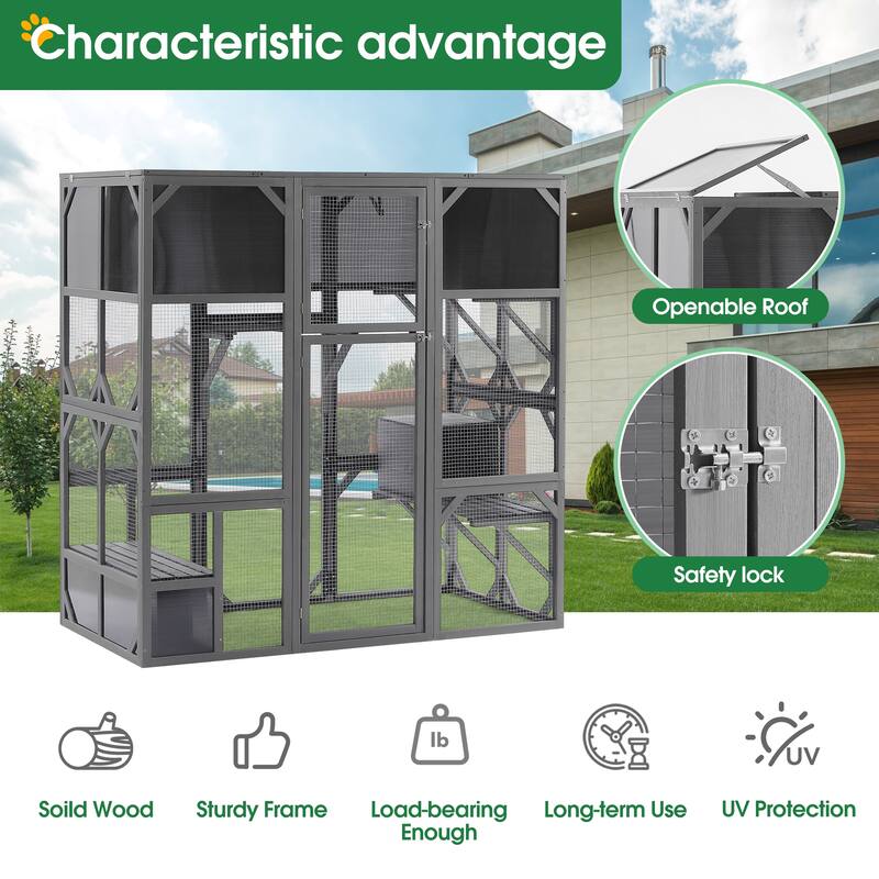 Wood Walk-in Catio Outdoor Cat House Enclosure w/PC Sheet Roof