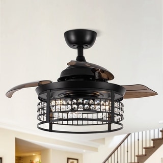 36" Industrial Foldable 3-Blade Black Crystal Ceiling Fan with Remote