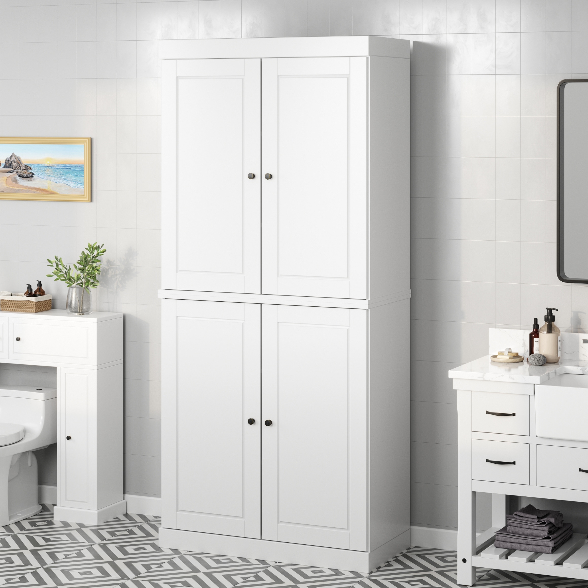 Palace Imports Solid Wood Tall Bathroom Linen Storage Cabinet, 32" W