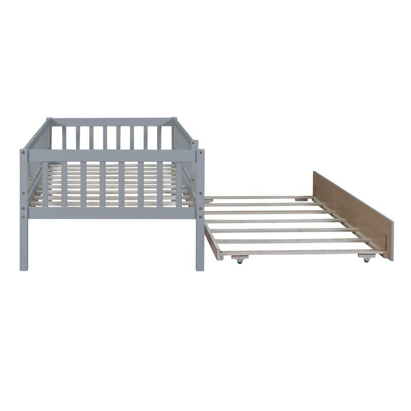 Twin Size Wood Daybed with Trundle and Fence Guardrails