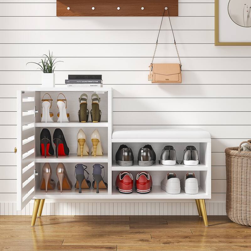 VECELO L-Shaped Entryway Bench with Cushion Shoe Storage Bench with Louvered Door & Open Shelves Hallway Seat Organizer