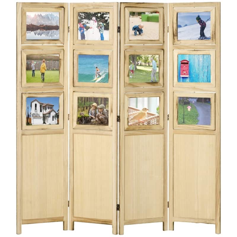 Natural Paulownia Wood Rustic Room Divider with Photo Frames - 63" W x 0.75" D x 67" H - Natural