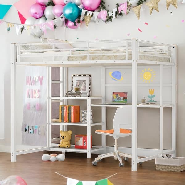slide 2 of 18, Full Size Loft Bed with Desk and Whiteboard with 3 Shelves and Ladder White