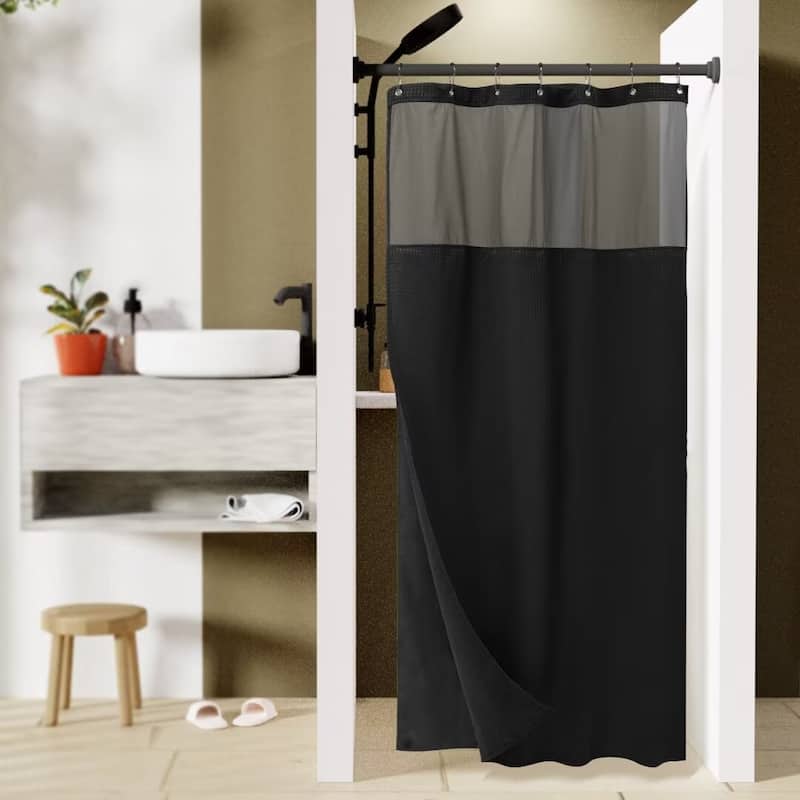 Waffle Weave Shower Curtain with Snap-in Liner 12 Hooks Included - 36"Wx72"L - Black