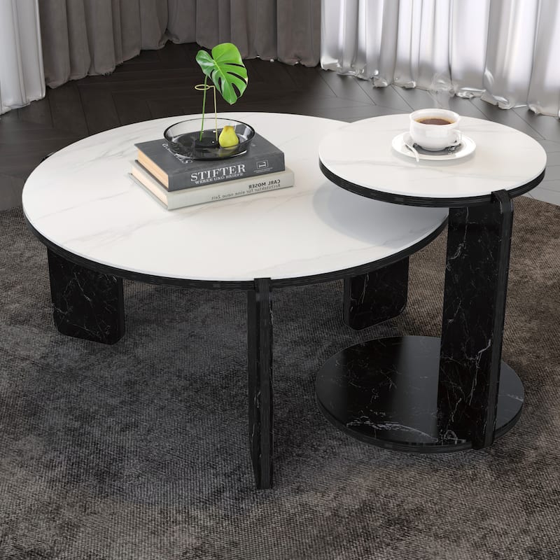 Coffee Table Set of 2 Nesting Table for Bedroom, End Table Center Table White Black Accent Table Sofa Table