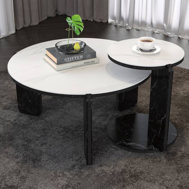 Round Nesting Coffee Table Set of 2, Sintered Stone Top Nesting Tables with Metal Frame, Modern Accent Side Table Set - White+Black