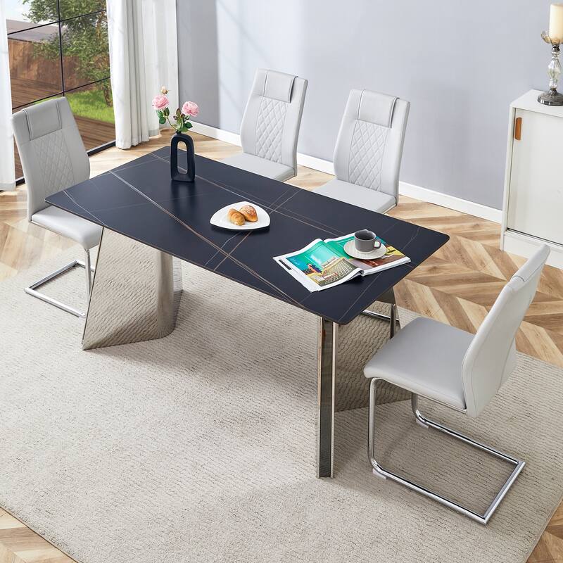 Modern Style Dining Rectangular Table Set with Stainless Steel Butterfly Legs and PU High Back Dining Chairs - 5-Piece Sets - Light Gray+Silver