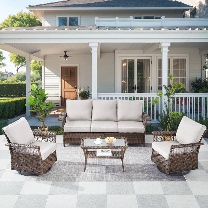 Outdoor Patio Sofa with Swivel Chair Table - Brown - Brown - Beige