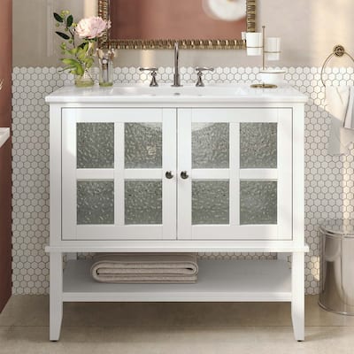 36 Inch Bathroom Vanity with Ceramic Sink,Adjustable and Open Shelves,Wood Legs