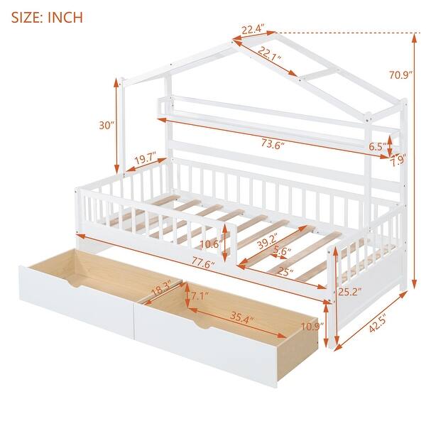 dimension image slide 1 of 2, Wooden House Bed with 2 Drawers, Kids Bed Frame with Storage Shelf for Kids Teens Adults,Wood Slat Support,No Box Spring Needed