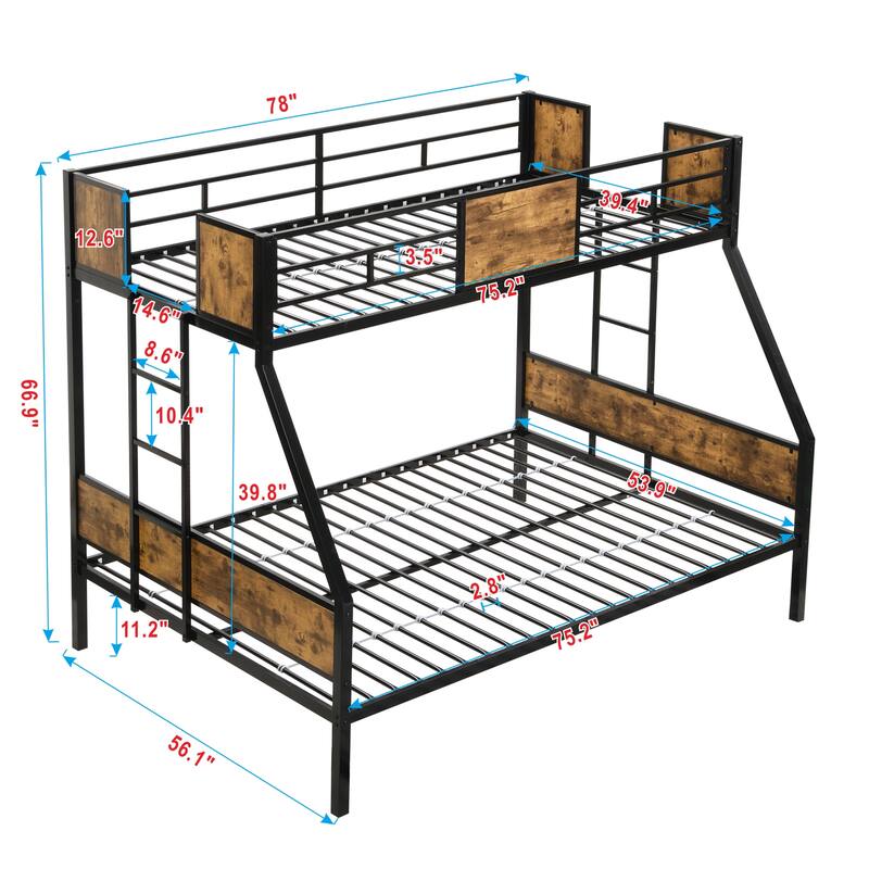 Black+Brown Twin over Full Size Metal Bunk Bed with Side Ladder and Full-Length Guardrail, No Box Spring Needed