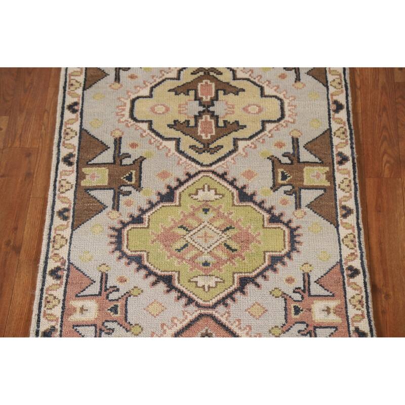 Geometric Beige Kazak Indian Runner Rug Handmade Wool Carpet - 2'5"x 7'8"