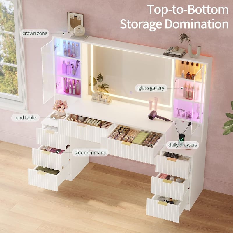 Makeup Vanity Desk Mirror LED Lights Charging Station RGB Lights Drawers Cabinet