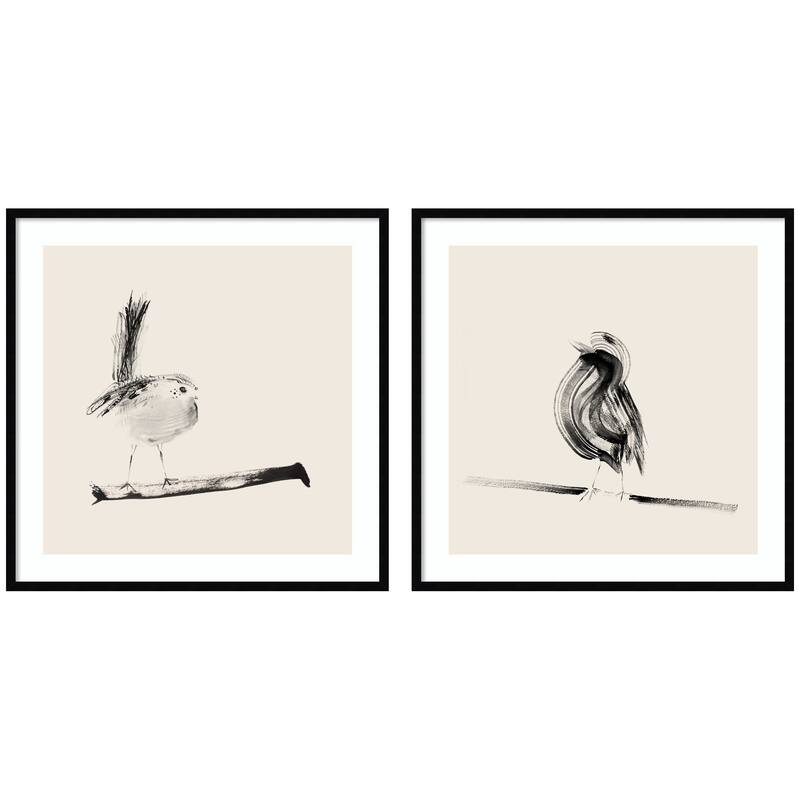 Kate and Laurel Sketched Bird On Branch 2 Piece Framed Wall Art Print Set by Danushka Abeygoda - 2 Piece Set 33x33 - Black
