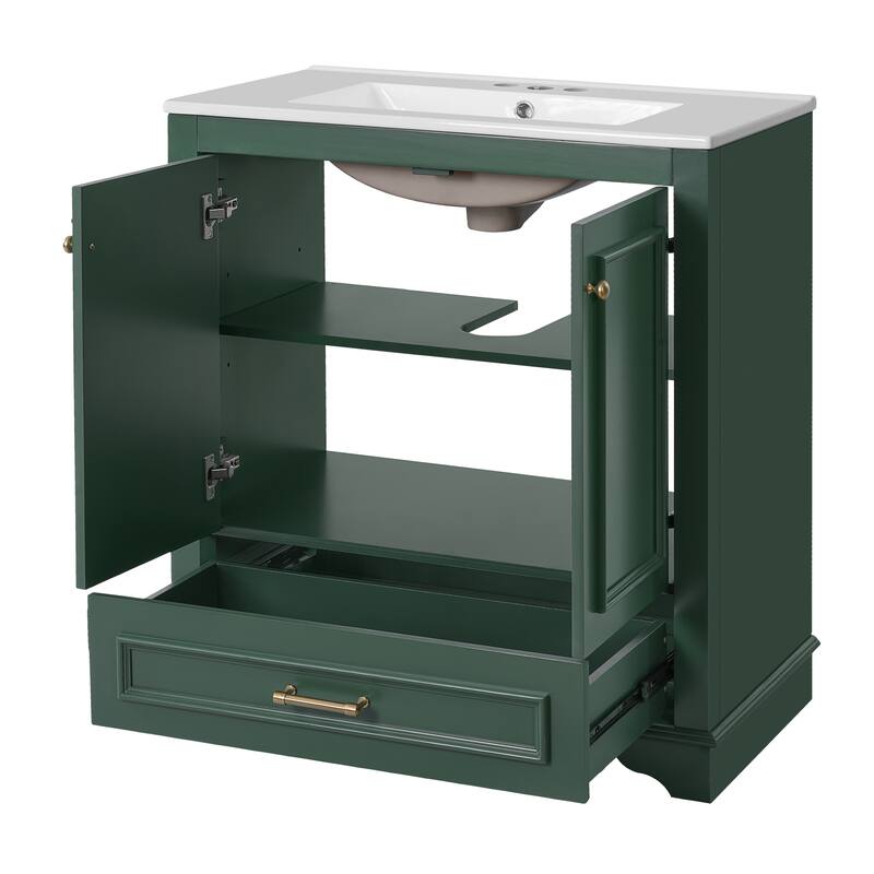 Bathroom Vanity with Ceramic Sink, Freestanding Bathroom Storage Cabinet, Bathroom Cabinet with 2 Soft Closing Doors & 1 Drawer