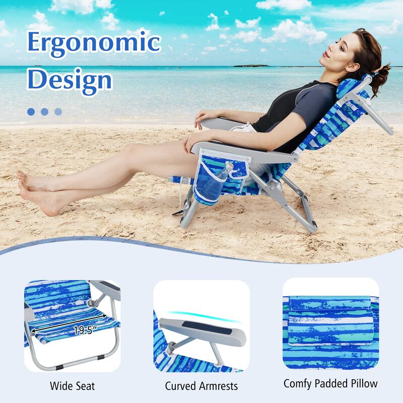 Oxford Fabric Folding Beach Chair with Adjustable Backrest, Headrest and Storage - 26" L x 25.5" W x 31" H