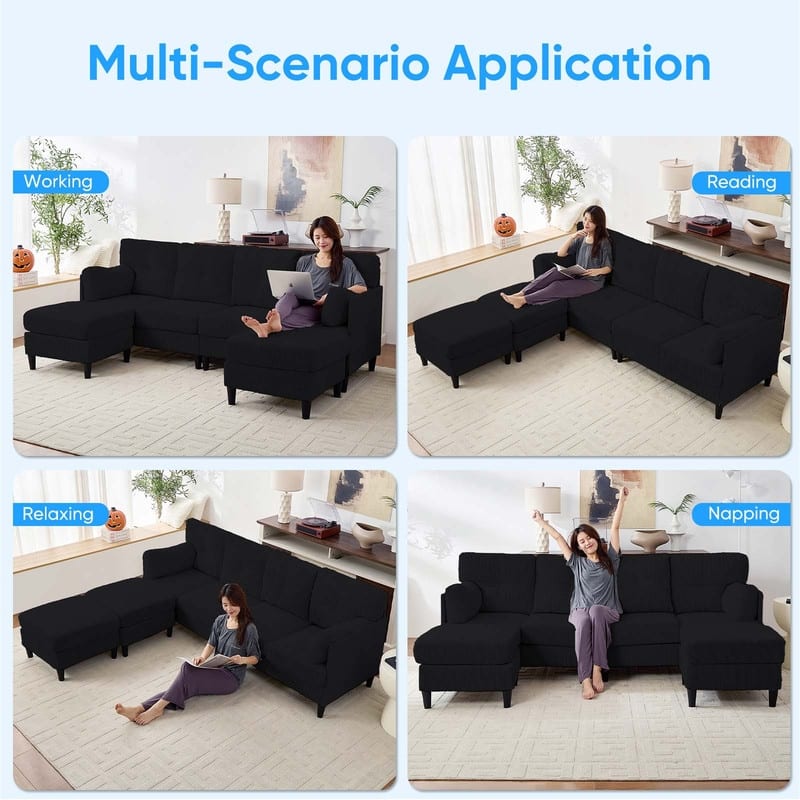 Mixoy Corduroy U-Shape Modular Convertible Sectional Sofa,Upholstered 4-Seater Sofa Couch with Movable Ottoman