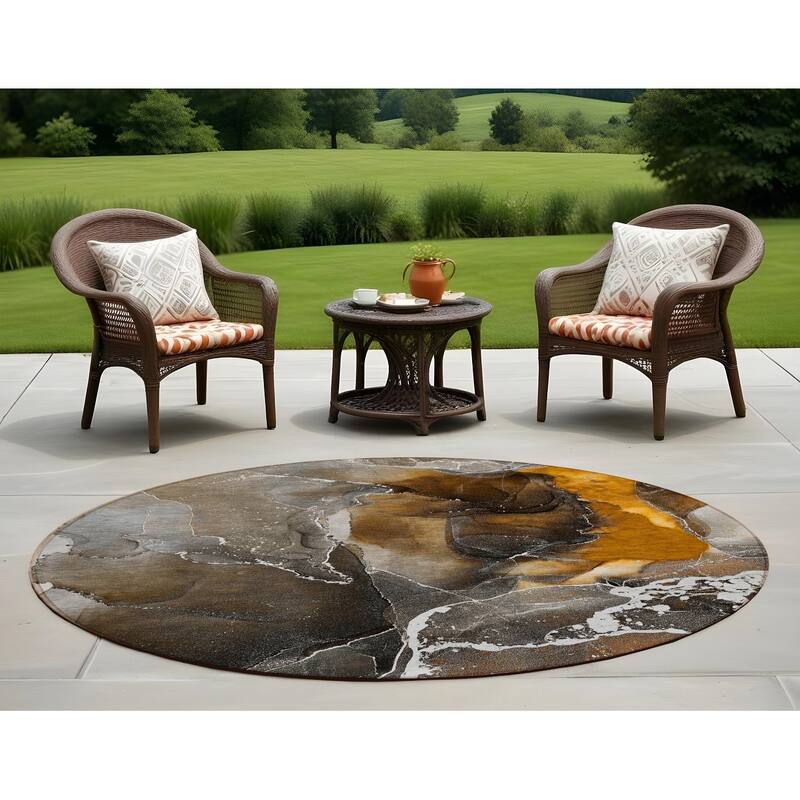 Almilo Modern Art-Inspired Weather Resistant Current & Stylish Outdoor Rug - 8' Round - Orange