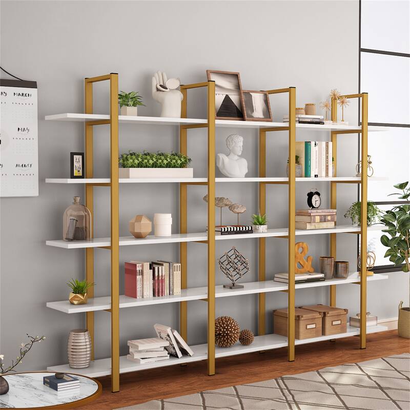 Brown Vintage Industrial 5-Tier Etagere Bookcase, White/ Gold Modern Display Bookshelf