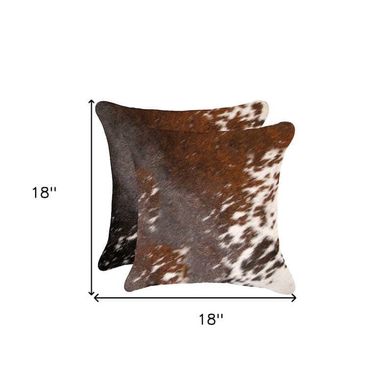 HomeRoots Set of Two 18" X 18" Brown and White Animal Print Cowhide Zippered Pillow