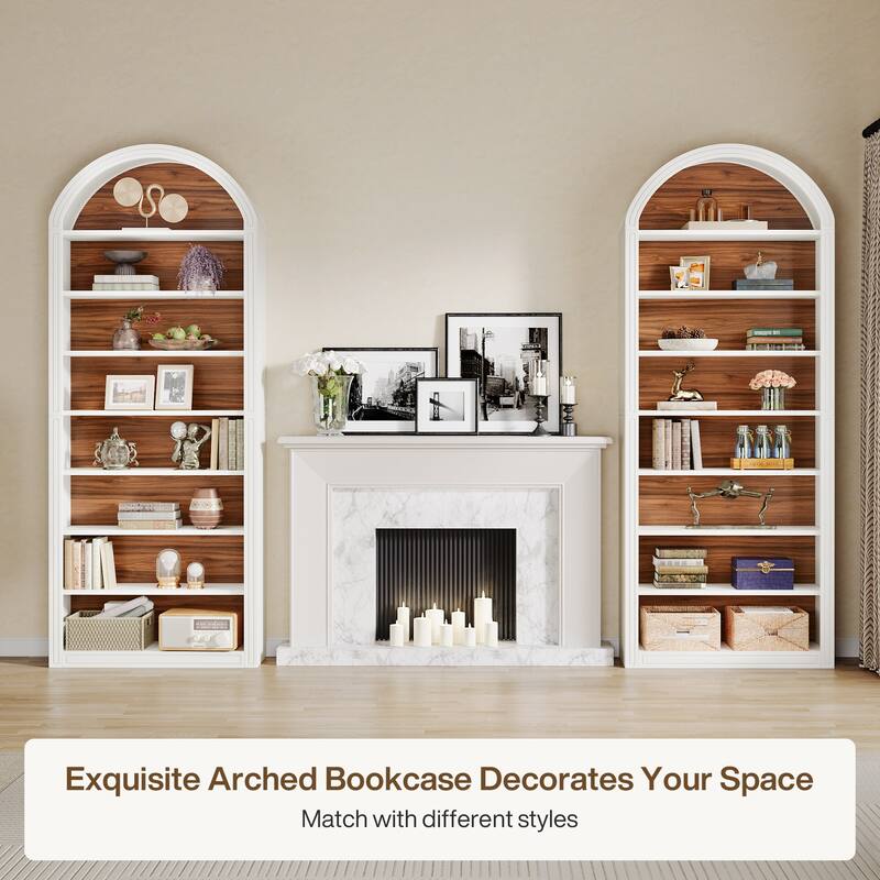 79.5" Tall Arched Bookcase with Storage Shelves