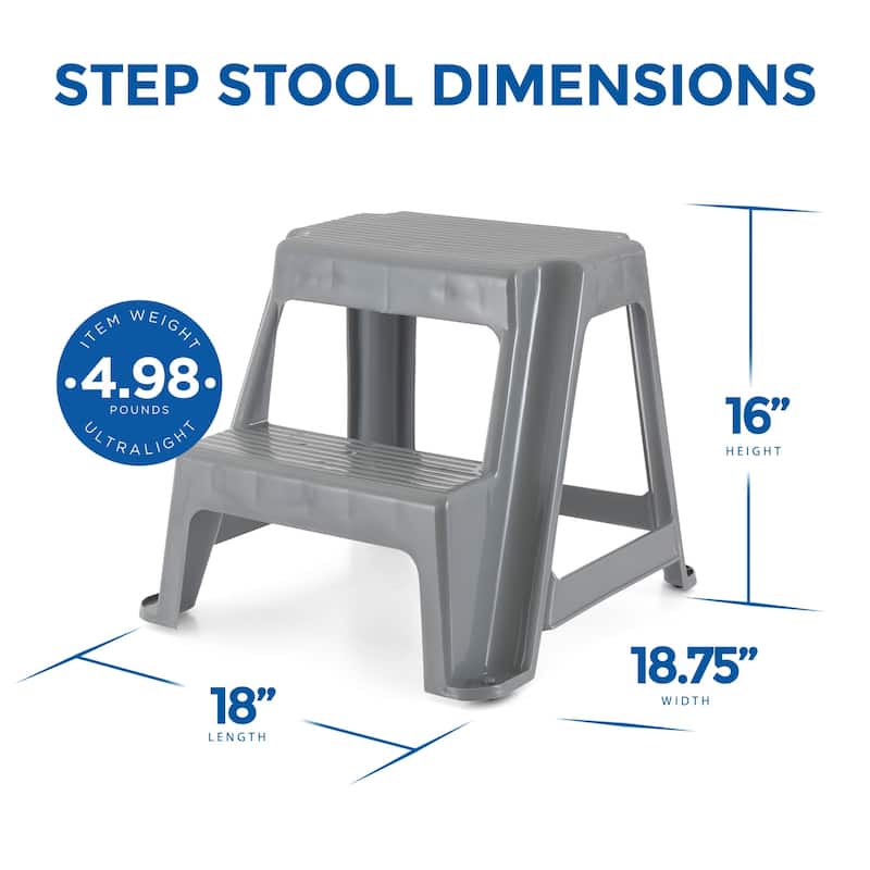 Gracious Living 16" Plastic 2 Step Portable Garage Home & Kitchen Stool, Gray - 1 Pack
