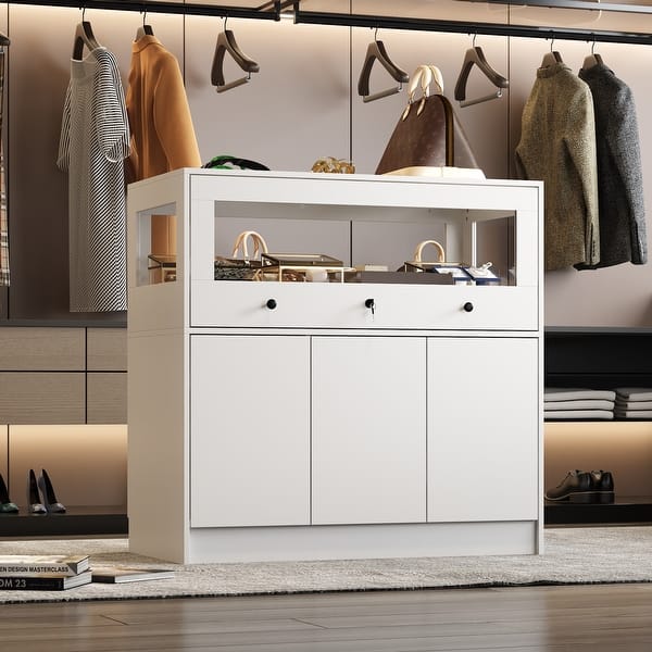 White Storage Cabinet with Tempered Glass Display Top Dresser Vanity - On  Sale - Bed Bath & Beyond - 40826519