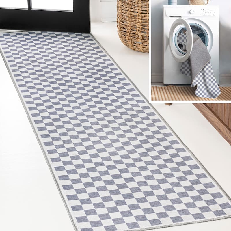 JONATHAN Y Kassia Modern Cottage Checkerboard Washable Area Rug - 2 X 8 - Purple Gray/White