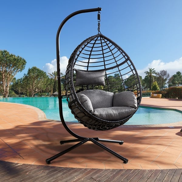 slide 2 of 7, Modern Swing Egg Chair with Stand and Cushion - Sturdy Steel Grey