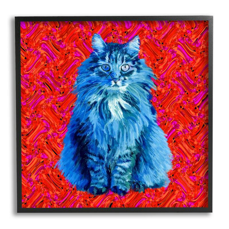 Stupell Modern Pop Design Bold Red Blue Longhair Cat Framed Wall Art - 24 x 24 - Black