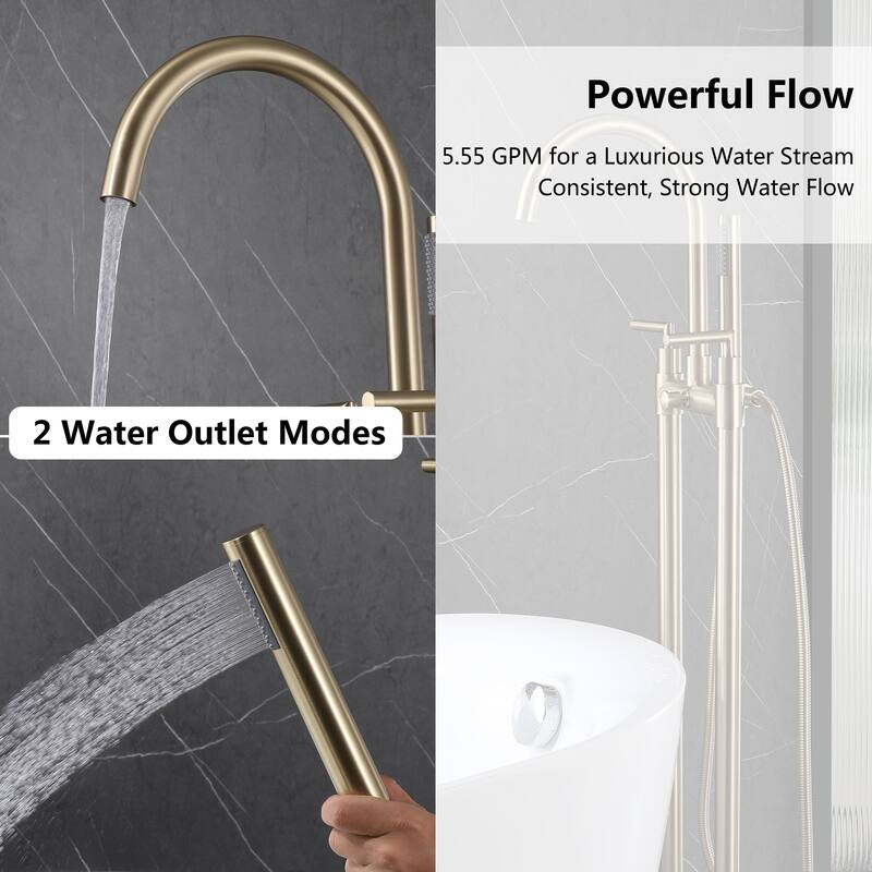 2-Handle 2-Hole Freestanding Tub Faucet with Hand Shower in Black/Gold