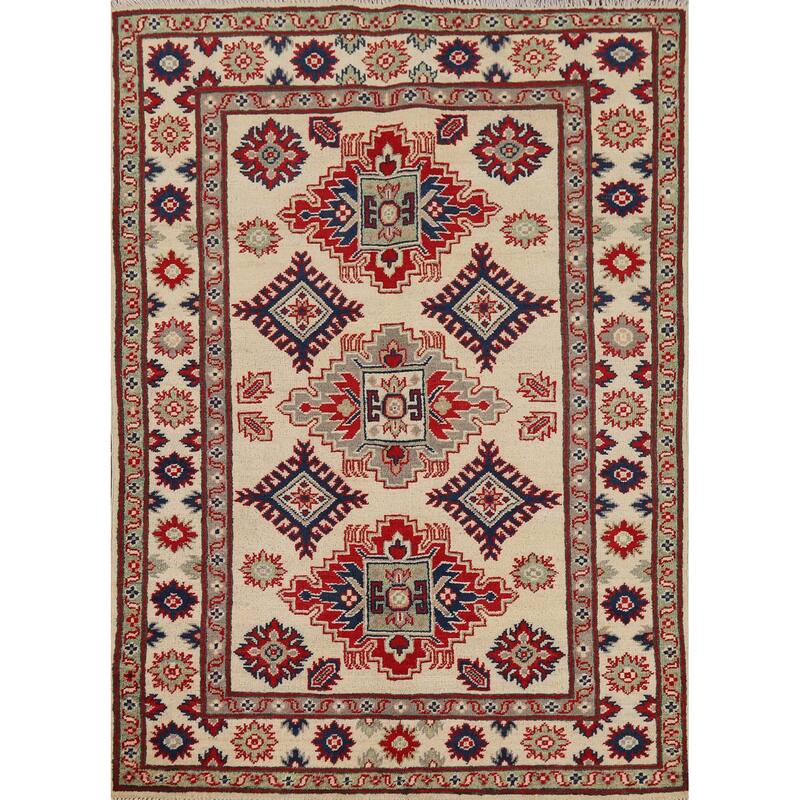 Geometric Ivory Kazak Oriental Accent Rug Handmade Wool Carpet - 3'5" x 4'11"