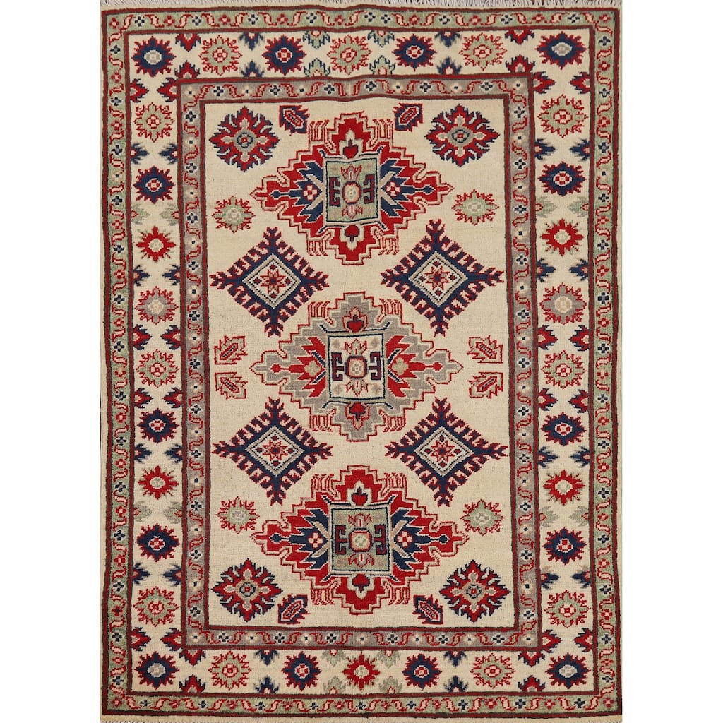 Geometric Ivory Kazak Oriental Accent Rug Handmade Wool Carpet - 3'5" x 4'11"