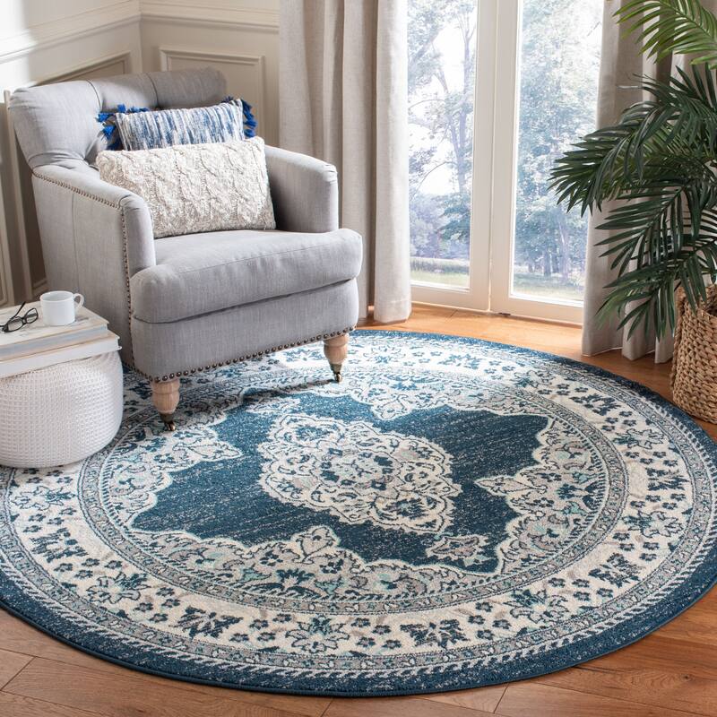 SAFAVIEH Madison Estela Vintage Boho Oriental Rug - 6'7" Round - Cream/Navy