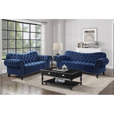 Emilio Blue Velvet Tufted Living Room Set