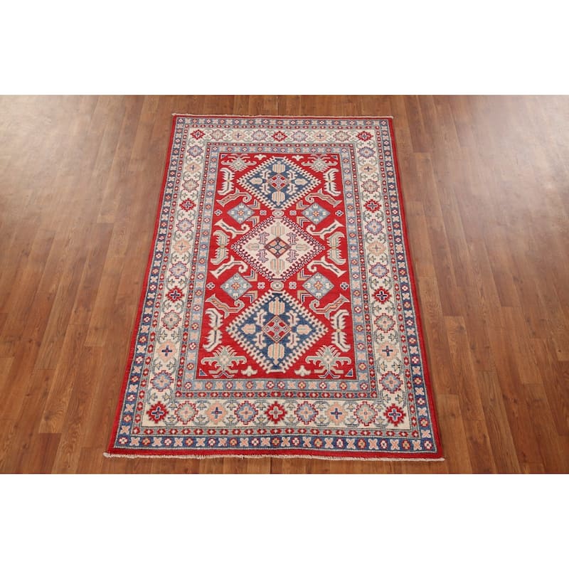 Red Kazak Rug Hand-Knotted Traditional Wool Carpet - 3'11"x 6'1"