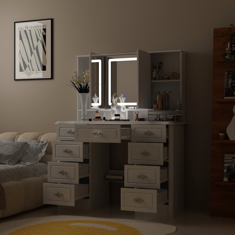 Elegant White Makeup Dressing Table with Adjustable Mirror Large Desk